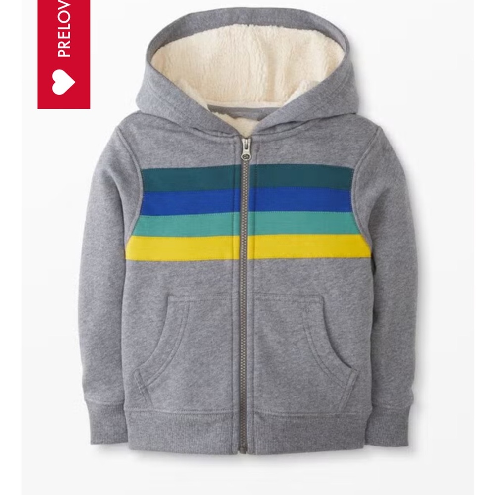 Hanna Andersson Gray Hoodie with Blue, Green, and Yellow Stripes